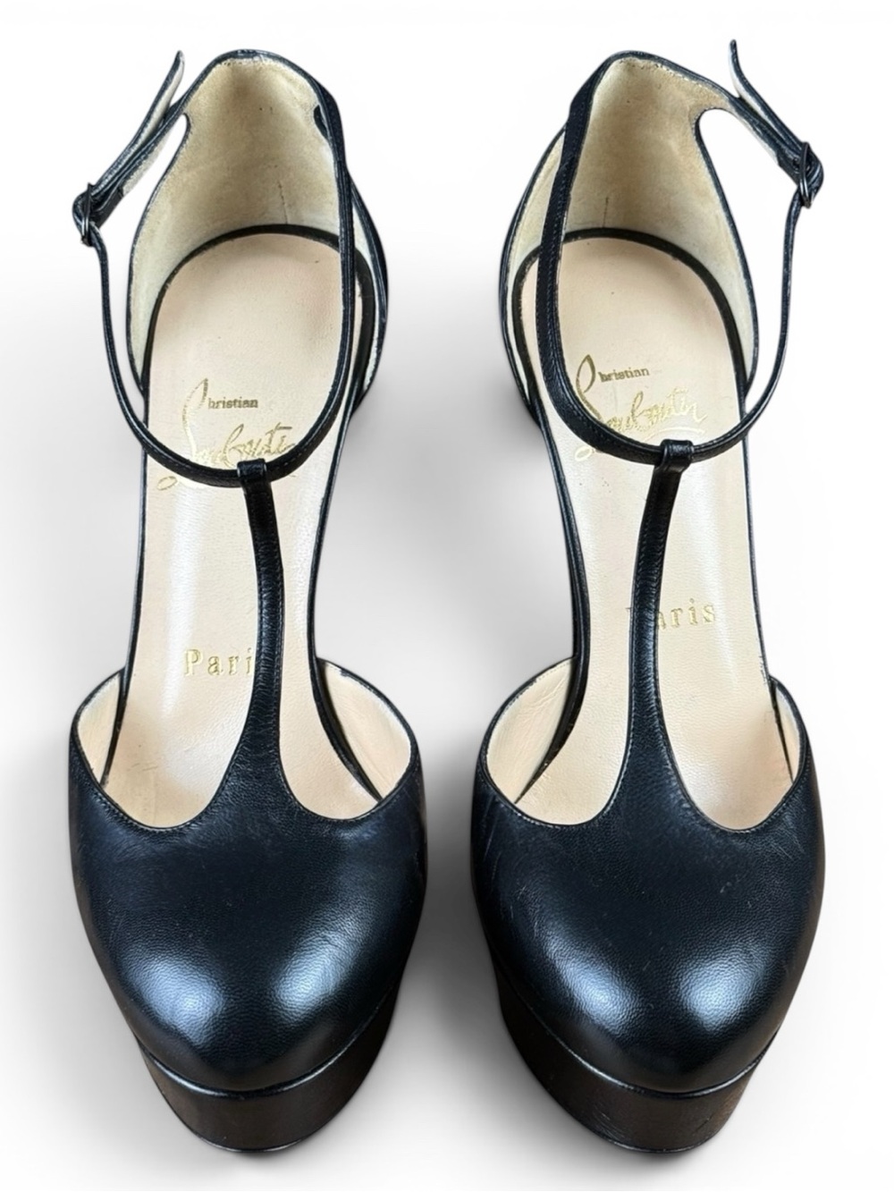 Christian Louboutin Black Leather T-Strap Platform Heels
